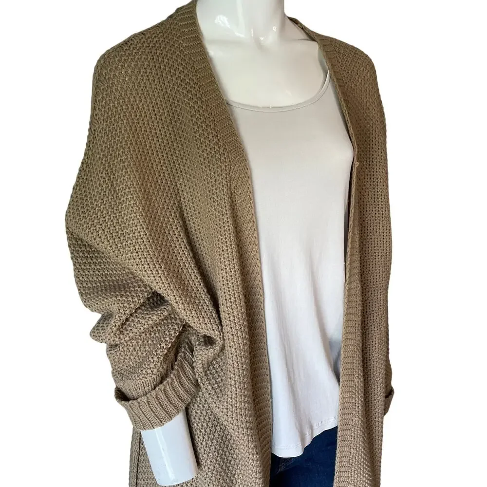 NINEXIS Tan Beige Chunky Knit Open Front Longline Cardigan Sweater Womens M - Picture 7 of 9